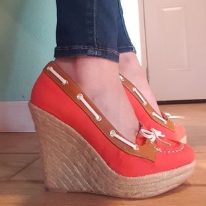 Coral and Tan Wedges